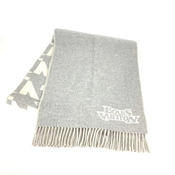 LOUIS VUITTON fringe Scarf -LV Dove logo Scarf wool / Cashmere gray/White - Picture 1 of 9